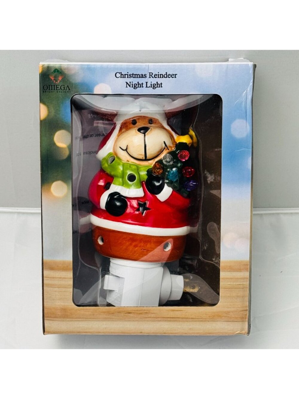 Omega Christmas Reindeer Night Light Ceramic Red Multicolor Bulb On/Off Switch
